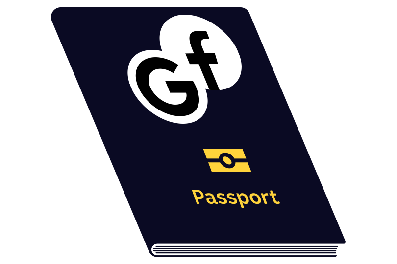 A graphic rendering of a passport with google and facebook logos