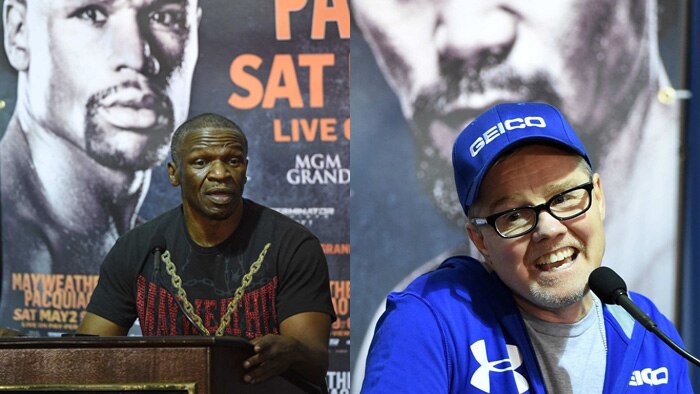 Composite of Mayweather Pacquiao trainers Freddie Roach and Floyd Mayweather Sr