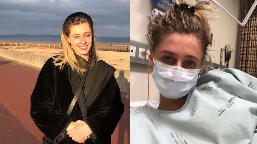 Left: Freya stands in a European location wearing a black coat. Right: Freya in a hospital bed wearing a face mask and gown.