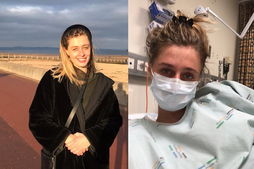 左图：COVID之前的芙蕾雅，正在旅行。右图。芙蕾雅在医院里戴着口罩、穿着病号服。