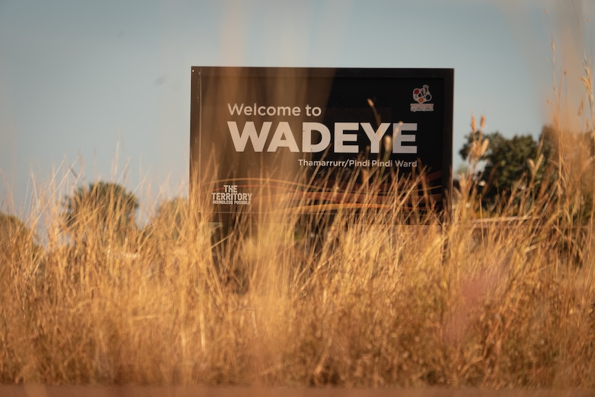 A 'Welcome to Wadeye' sign behind a patch of long grass.