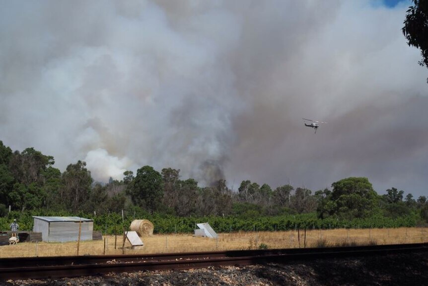 A water bomber flies into smoke at the Gwindinup bushfire.