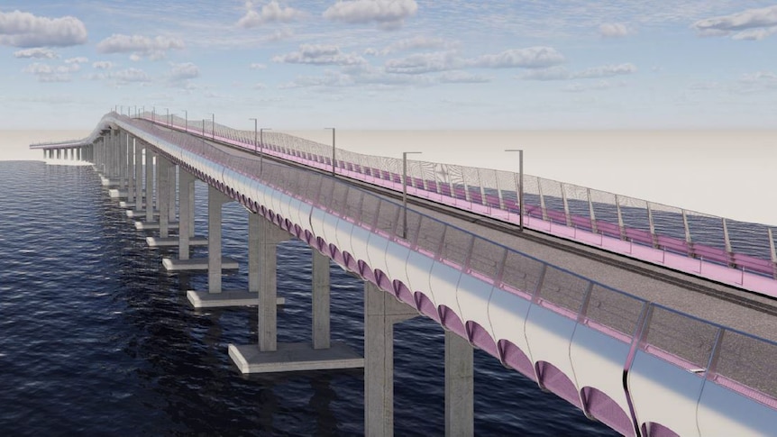 A graphic shows a bridge with a new pathway in pink