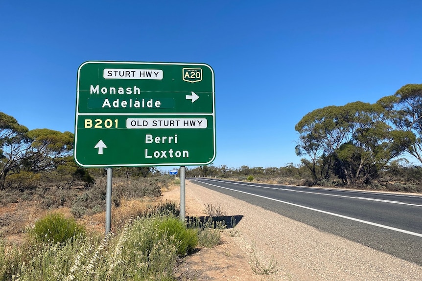 A green sign with white writing is on the side of a road. There are trees on either side and the sky is blue.