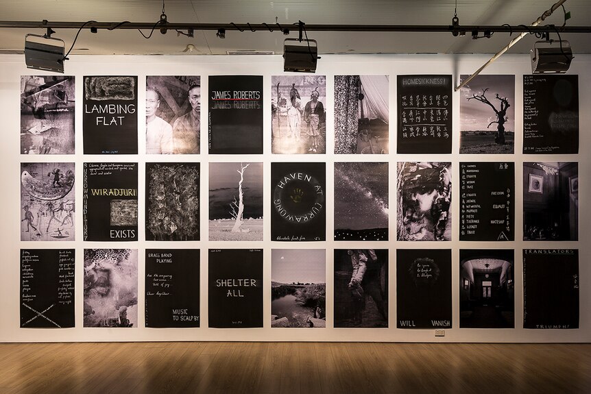 Colour photograph of artist John Young Zerunge's artwork Lambing Flat made up of 27 monochromatic photographic prints.