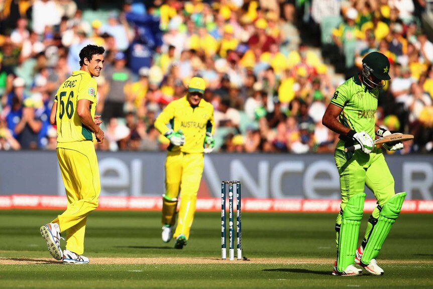 Mitchell Starc smiles after dismissing Wahab Riaz