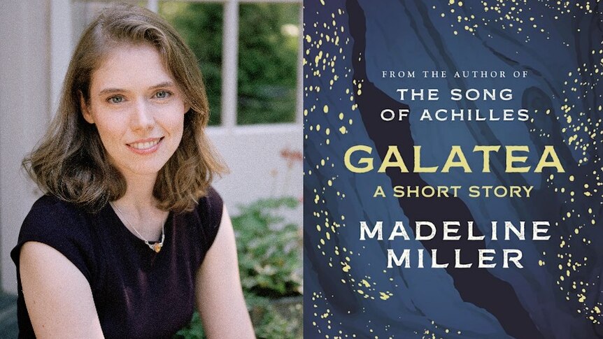 Smiling Madeline Miller on left, book cover of Galatea on right