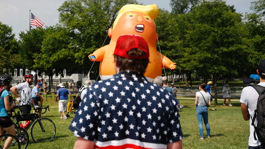 A Baby Trump balloon is tied down