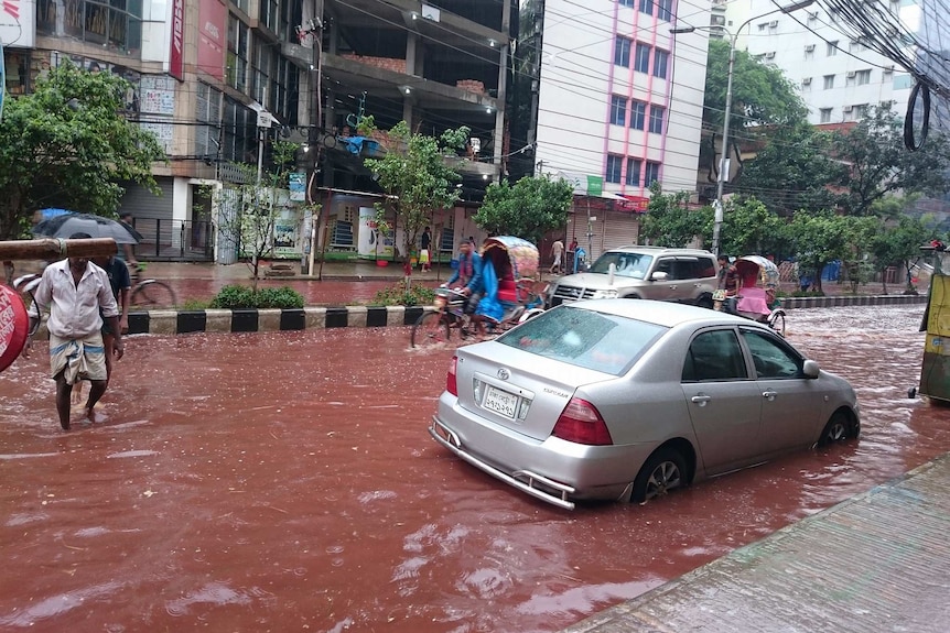 Red floodwaters in Bangladesh