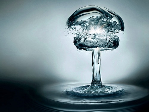 A water drop resembling a nuclear explosion.