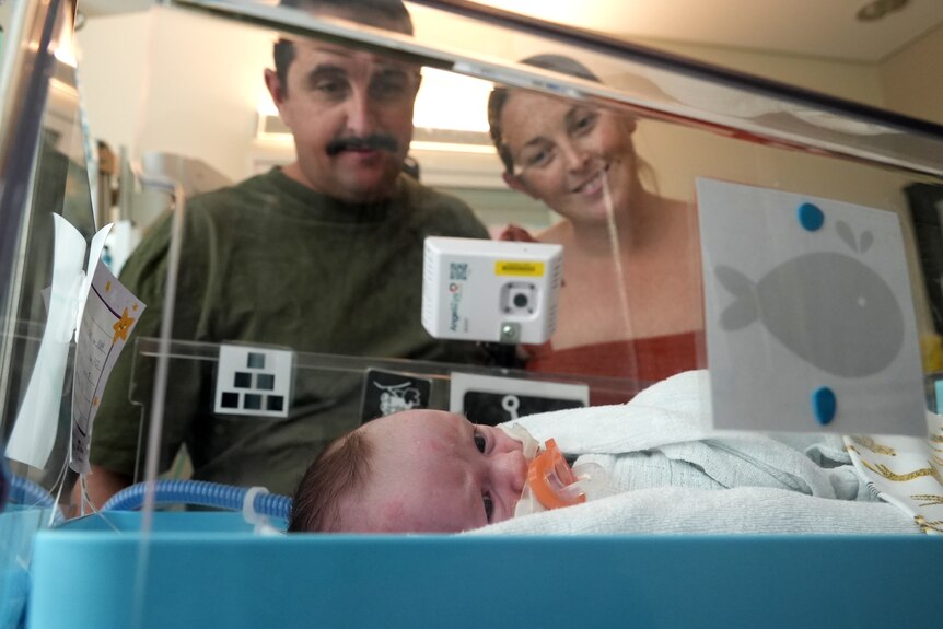 A man and a woman gaze at a baby in a hospital cot