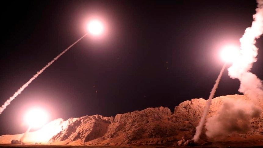 Two missiles are fired at night time by the Iranian Revolutionary Guard into Syria.