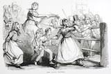 An 1800s illustration of several men dressed as women destroying a fence, as others watch