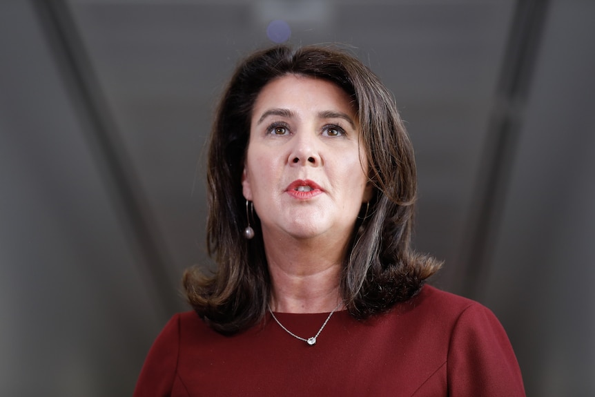 A woman with shoulder-length brown hair wearing a dark red top is mid-sentence, looking above the camera.