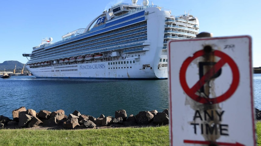 a no parking anytime sign with the ruby princess cruise in the background