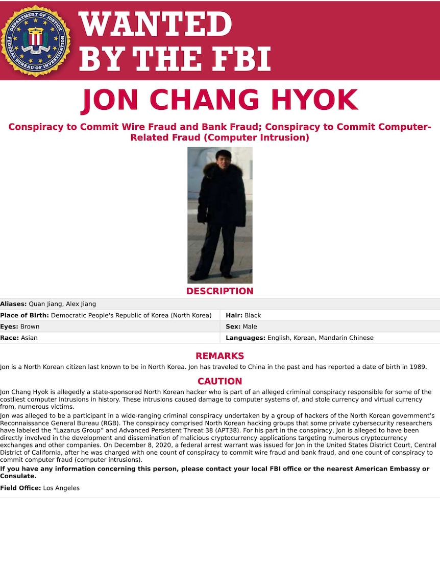AN FBI wanted poster showing Jon Chang Hyok.