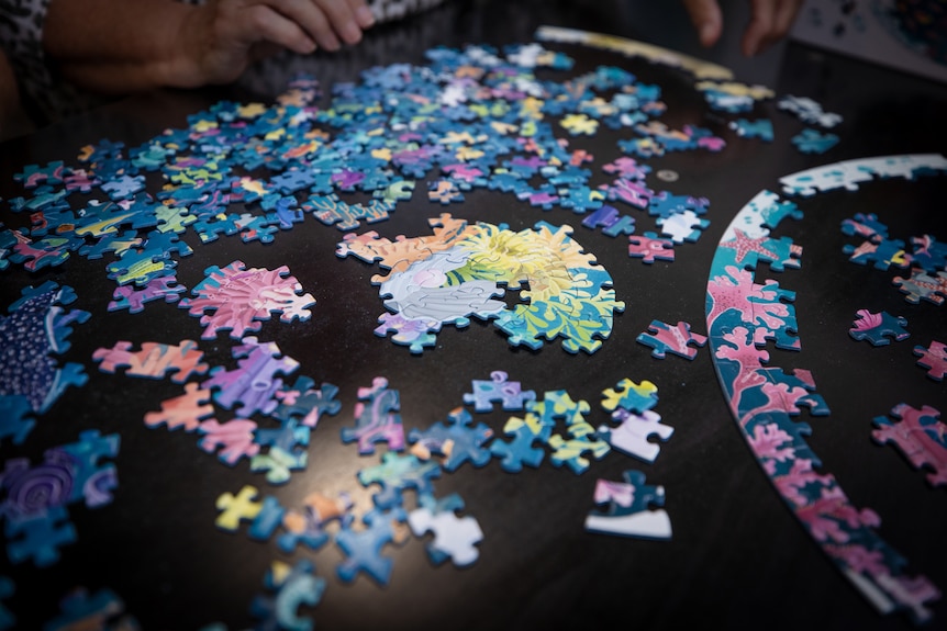 Katrina Coleman and Cathy Kerrison sit next to each other at a table upon which jigsaw puzzle pieces are spread out