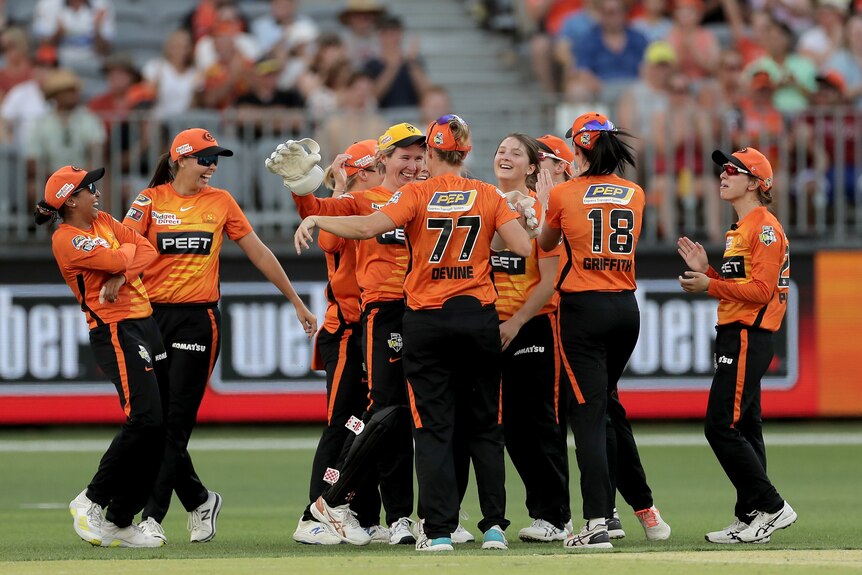Female cricket players wearing orange congratulate each other in a group in the middle of a stadium