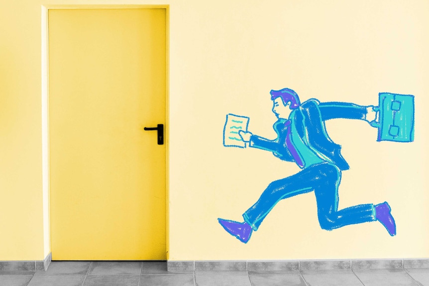 Drawing of a man in a business suit running towards a door to depict the quandary of whether to leave work on time.
