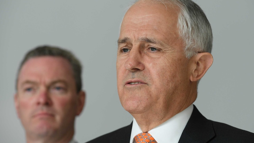 A close-up of Malcolm Turnbull, with Christopher Pyne standing behind him to the left.