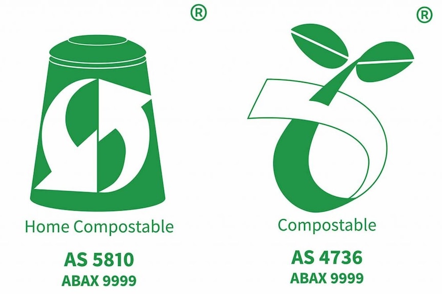 Two white and green logos that denote whether something is compostable or home compsotable.