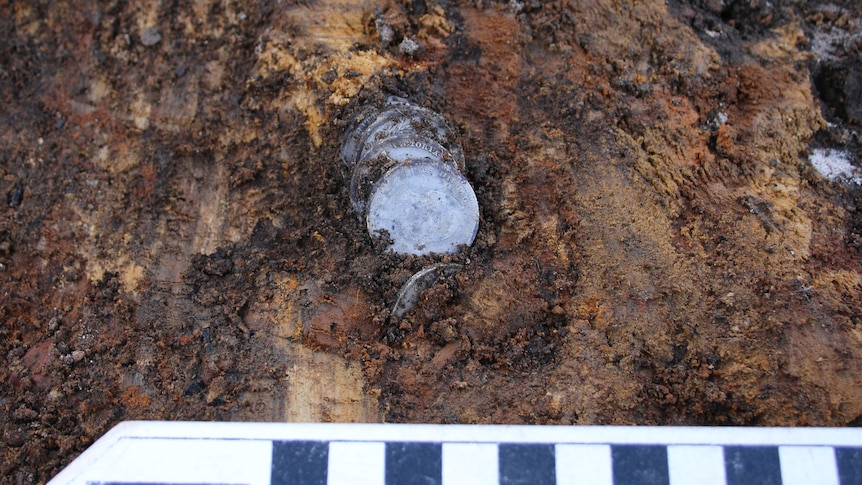 Some small silver coins in a big patch of brown clay