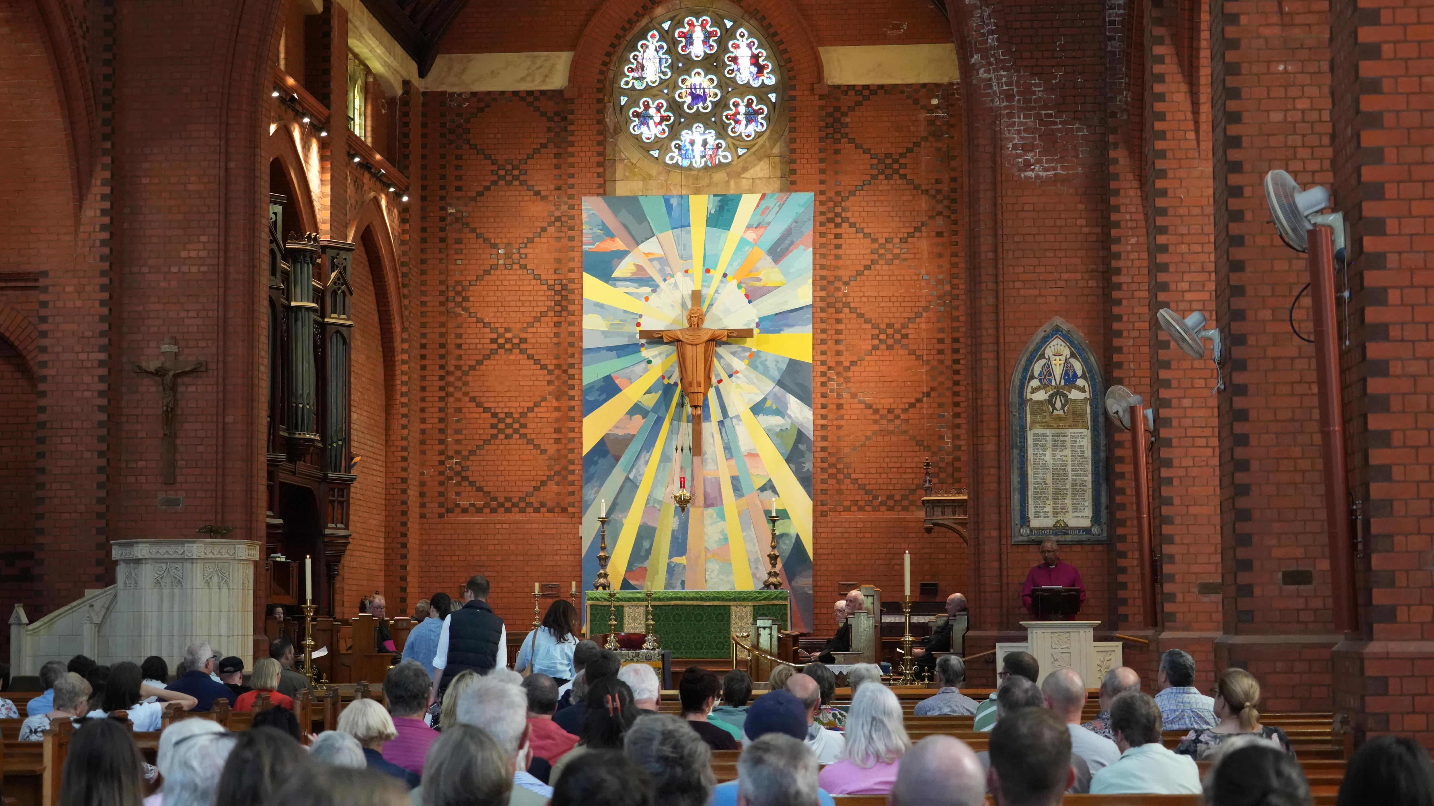 inside a church with lead light windowns