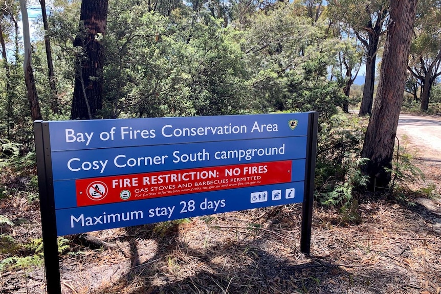 A campground sign at the Bay of Fires on Tasmania's East Coast.