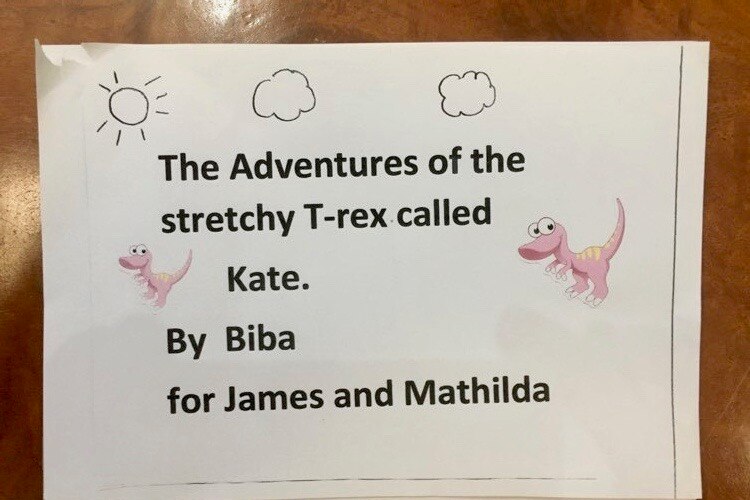 Written on a piece of paper, the words "The adventures of the stretchy t-rex called Kate. By Biba for James and Matilda."