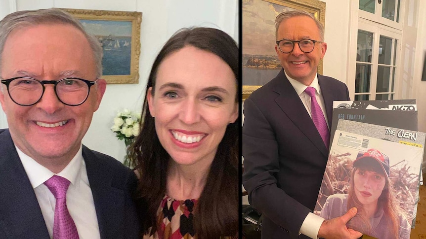 Split image of Jacinda Ardern and Anthony Albanese side by side, smiling at the camera and Albanese holding four vinyl records