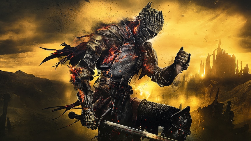 Cover art from Dark Souls 3, with a knight covered in armor, emanating fire and darkness, with the backdrop of a cursed kingdom