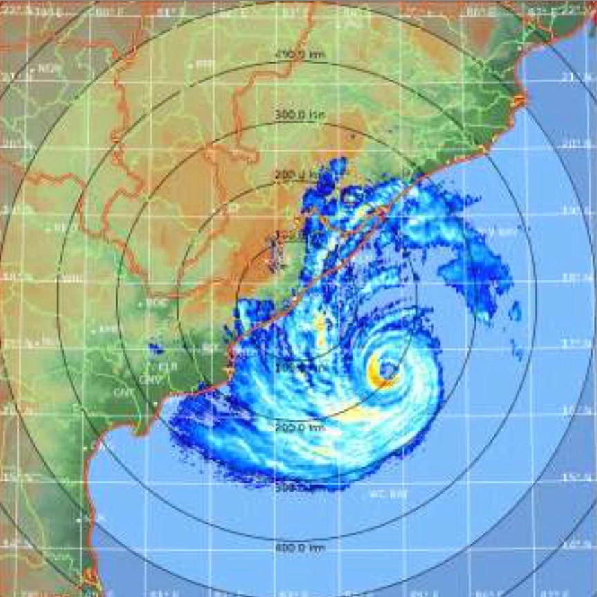 A view of a map with weather lines showing the path of the cyclone.