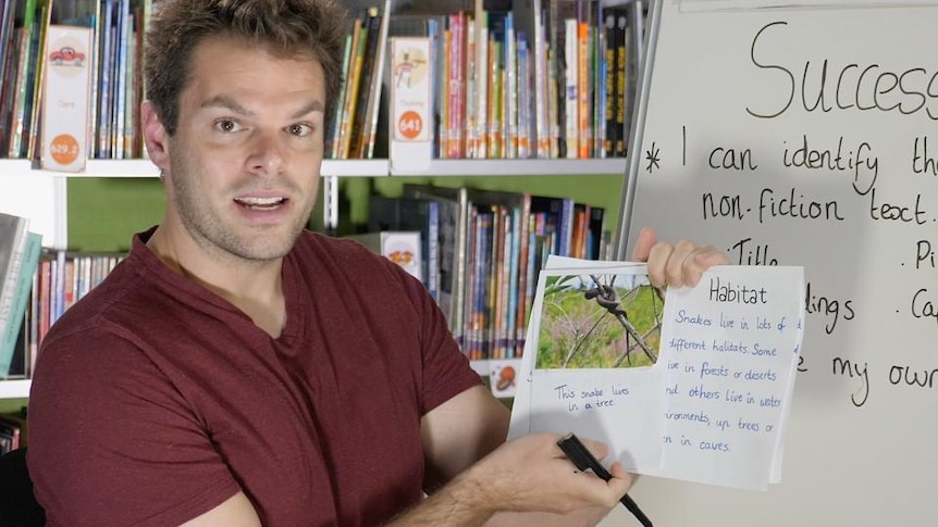 Male teacher holds papers about snakes in front of whiteboard