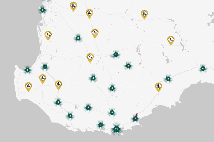 A map of roadworks in WA's south coming up to Easter via MainRoads WA