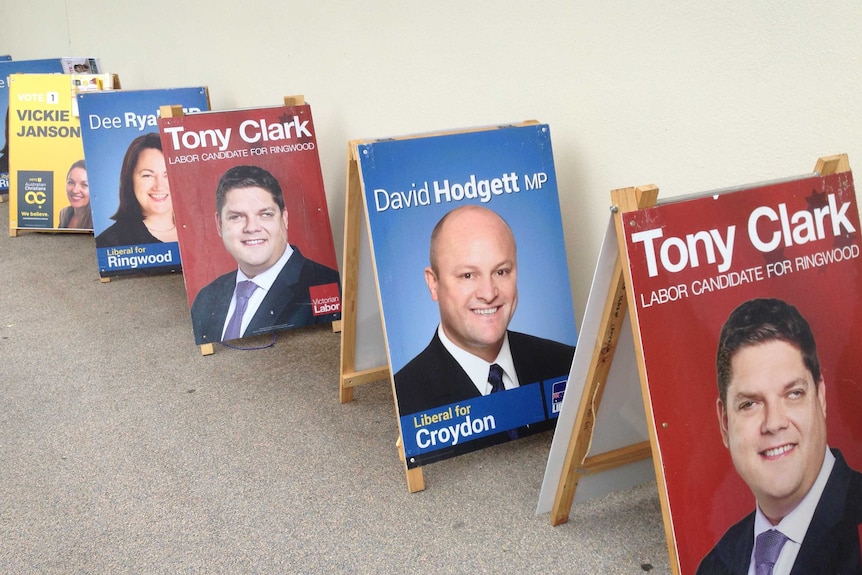 Signs outside pre-polling booth in Ringwood