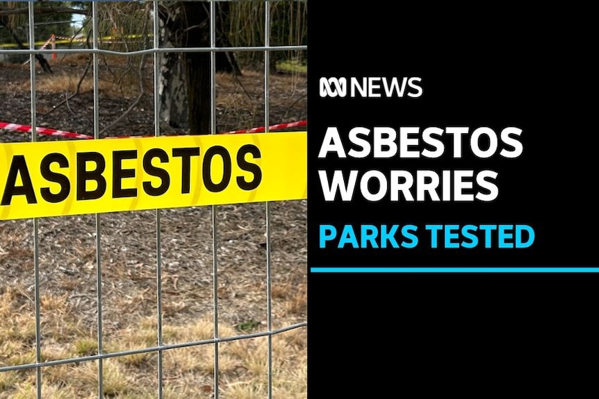 Asbestos Worries, Parks Tested: Close up of cyclone fenching with Asbestos warning tape.