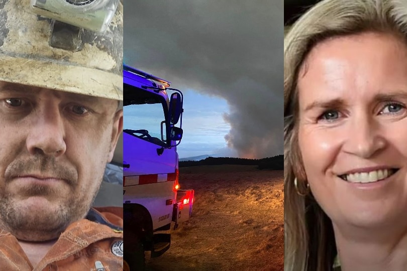 A three-panel image showing a male miner, a bushfire and a smiling blonde woman.