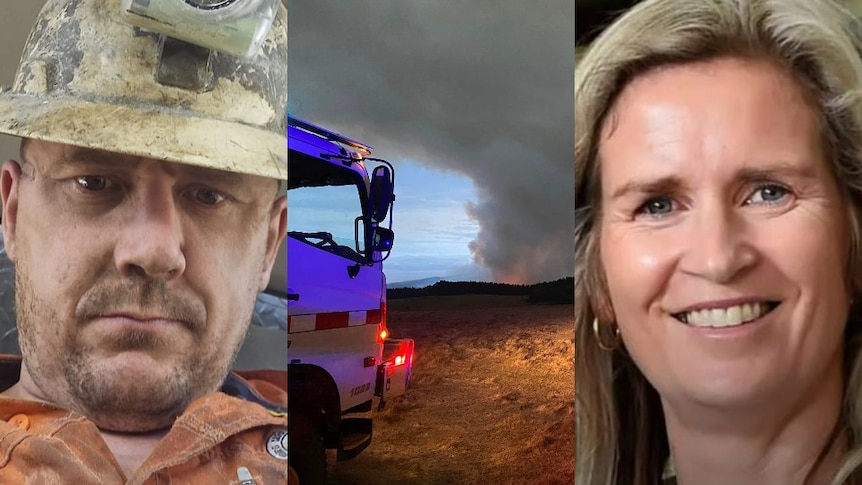 A three-panel image showing a male miner, a bushfire and a smiling blonde woman.