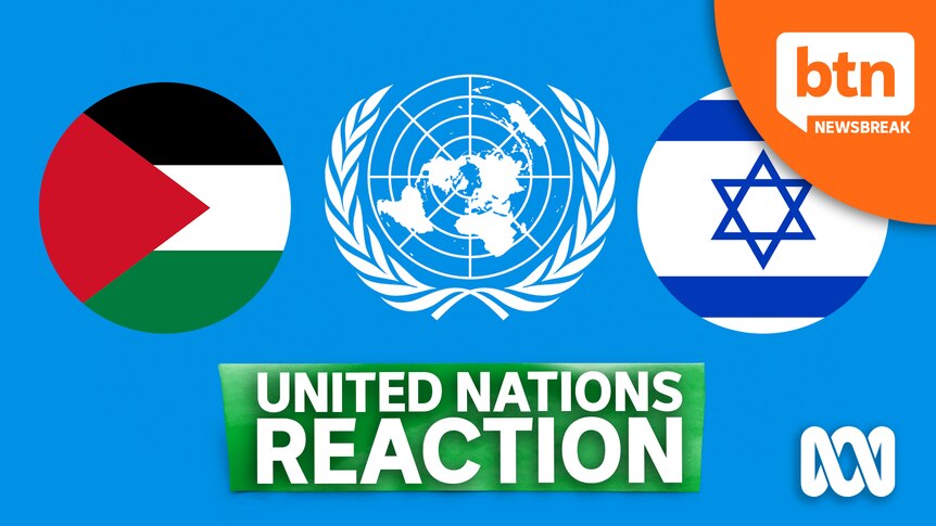 United Nations logo flanked by the Palestine flag on the left and Israel flag on the right.