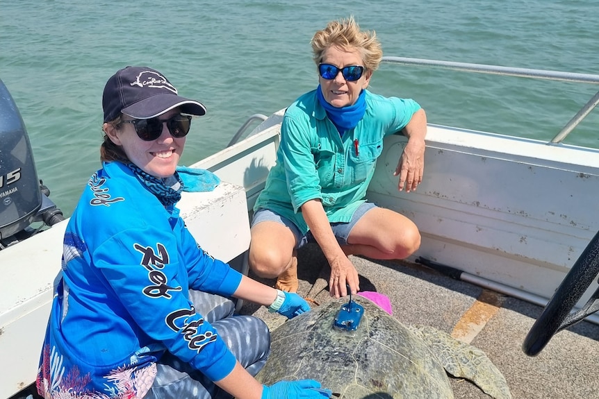 Two women sit on a boat with a turtle, which has a satellite tracker on its back