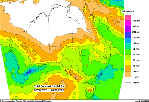 Map of Australia, green indicating over 15mm for most of southern Australia