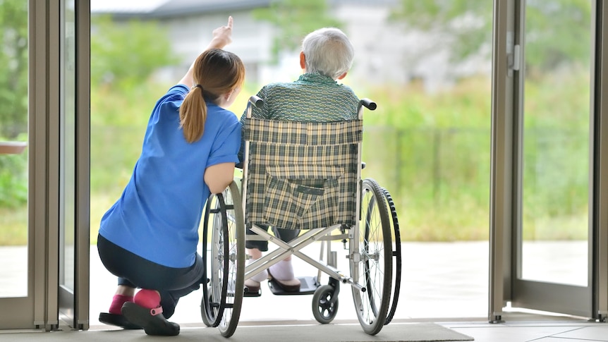 A generic image of a carer crouching down and pointing next to a man who is using a wheelchair.