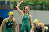 Awesome foursome: Felicity Galvez, Emily Seebohm, Marieke Guehrer and Alicia Coutts celebrate their 4x100m freestyle win.