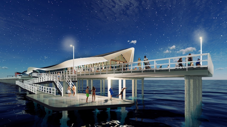 A graphic image design showing the end of the Busselton Jetty at nightfall with people swimming and eating out