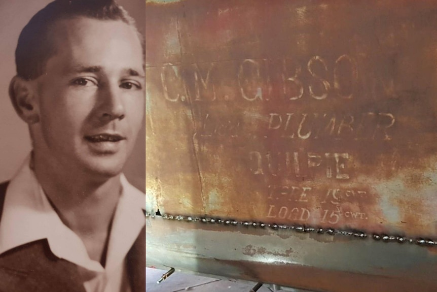 Composite image of man and rusted sign on car door