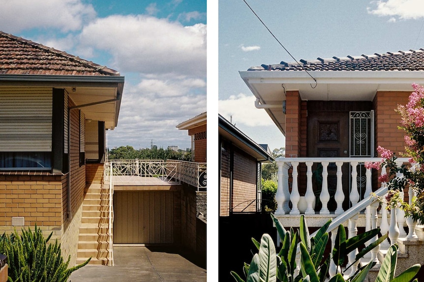 A diptych shows two orange-brick post-war homes with large terraces on a clear day.