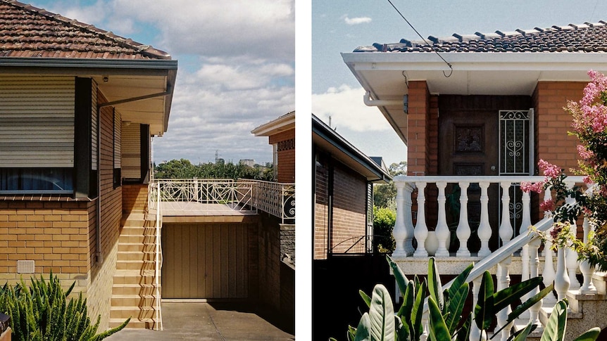 A diptych shows two orange-brick post-war homes with large terraces on a clear day.