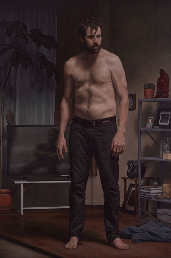 A painting of a shirtless man.