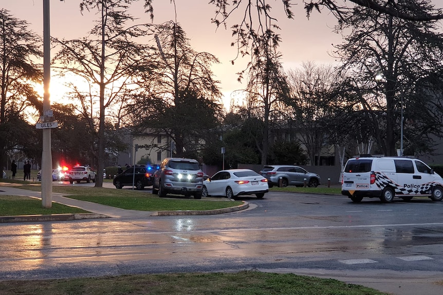 Several police cars line a suburban street.