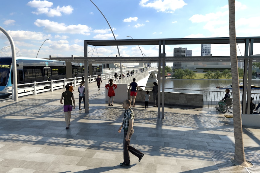 A concept image showing a large bus on Victoria Bridge in Brisbane.